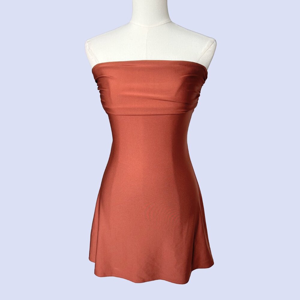 Copper Satin Lace Up Back Strapless Mini Dress